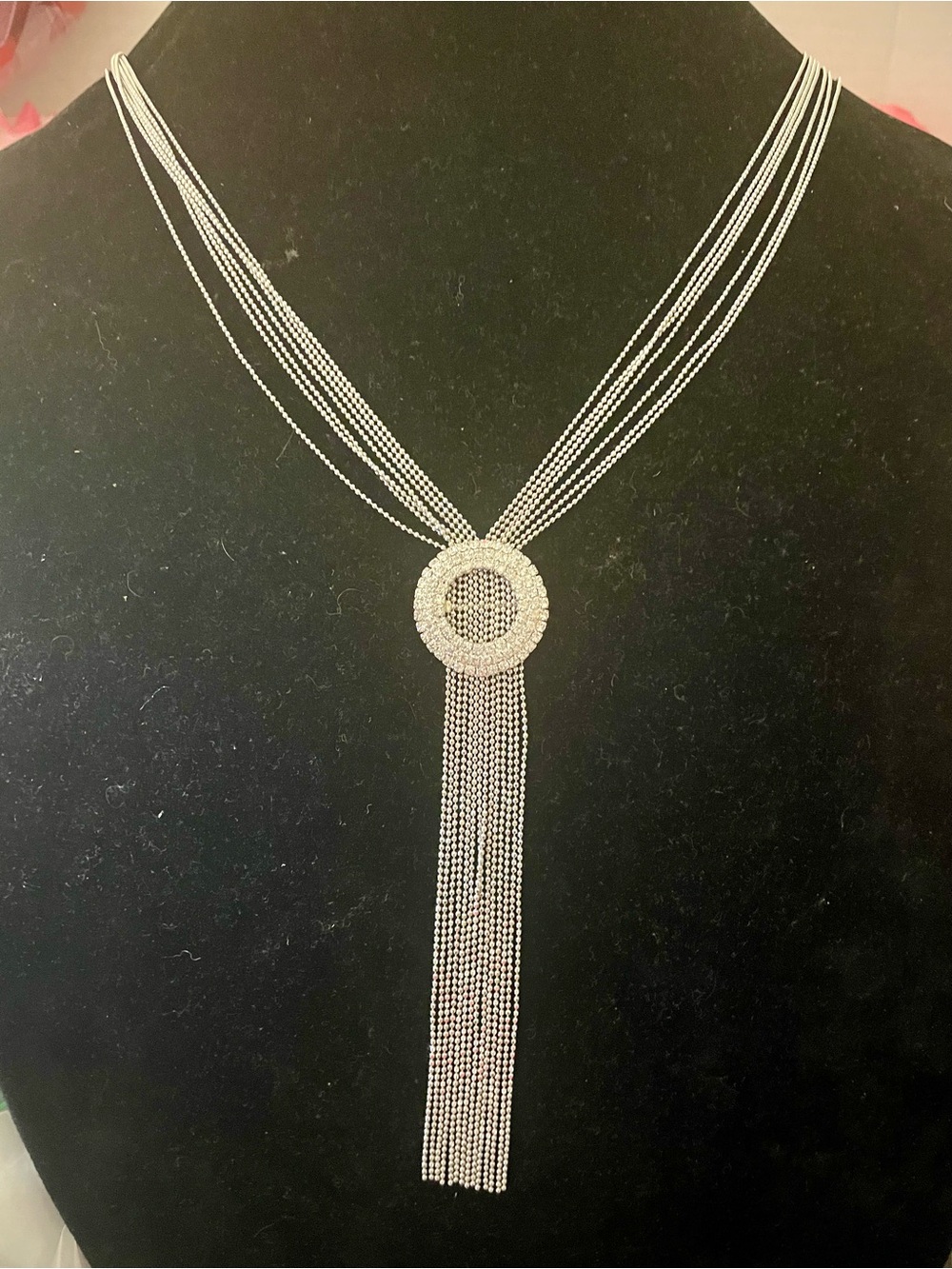Multi-Strand Y Necklace with Rhinestone Circle Centerpiece w/Tassel. 30 inches